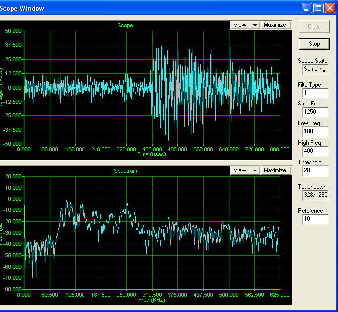 AE signal in time domaine and frequency domain during initial touchdown